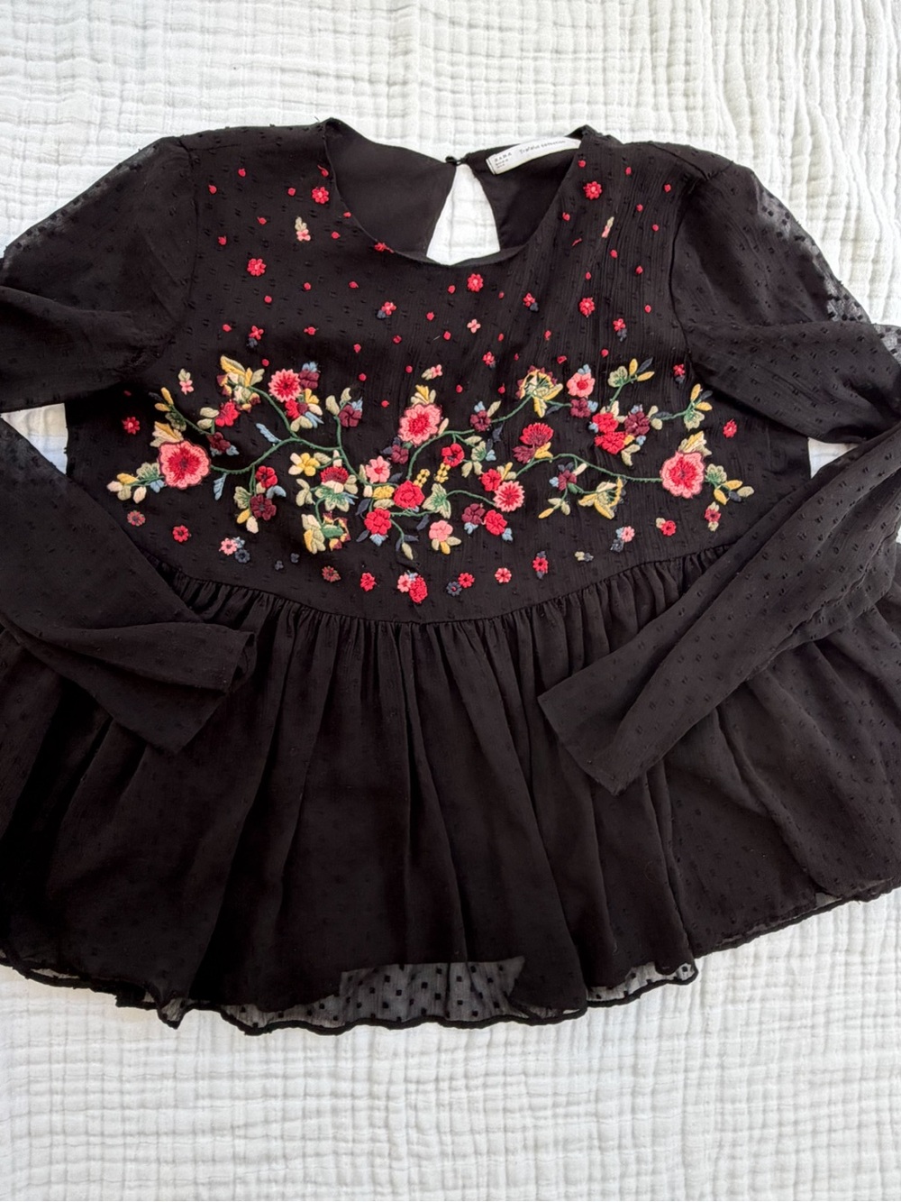 Zara Trafaluc Black Floral Embroidered Swiss Dot Peplum Blouse M